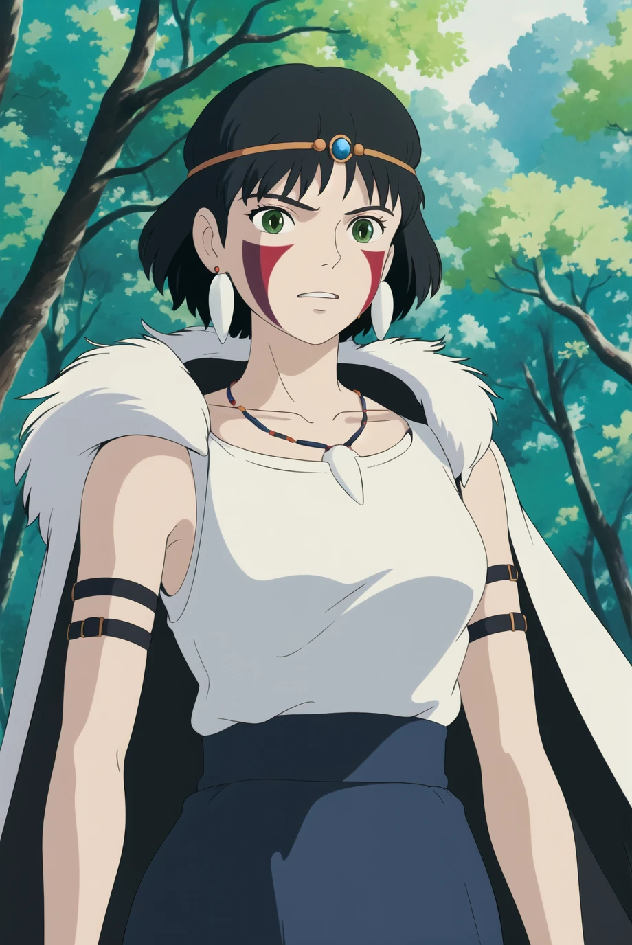 ghibli style, san \(mononoke hime\),
1girl, armlet, bangs, black hair, black undershirt, breasts, cape, circlet, earrings, facepaint, floating hair, forest, fur cape, green eyes, jewelry, looking at viewer, medium breasts, nature, necklace, outdoors, parted bangs, shirt, short hair, sleeveless, sleeveless shirt, solo, tooth necklace, tree, upper body, white shirt

, ((masterpiece))
<lora:ghibli_style_offset:1.07>