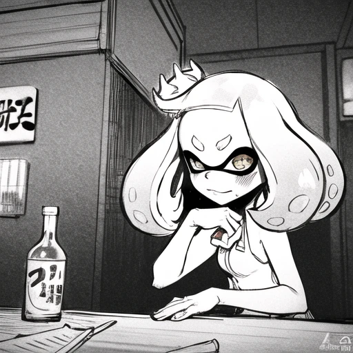 splatoon, pearl, run down 60s japanese bar, sad, alcohol, sketch illustration.