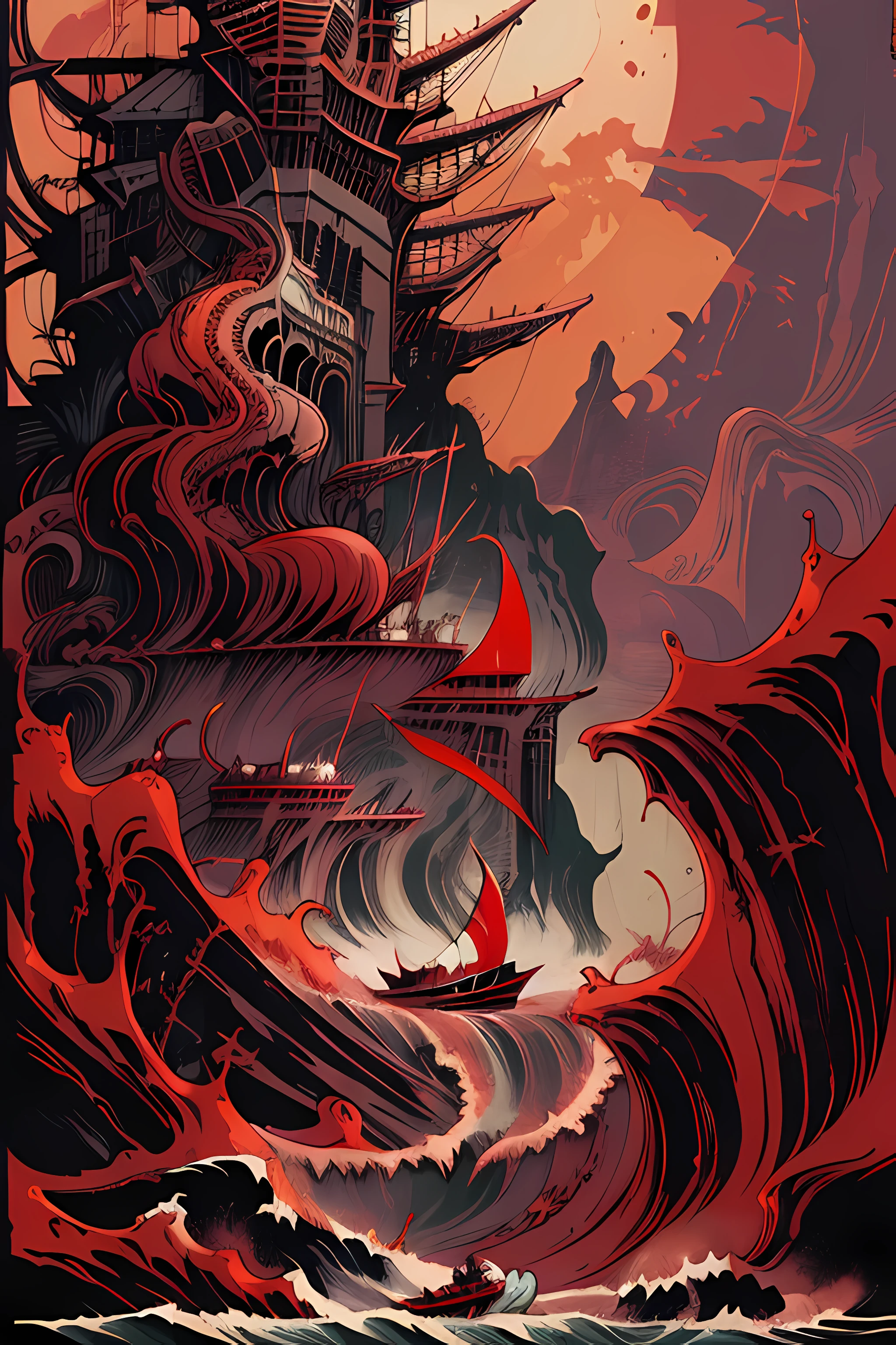 A lonely boat floating in the turbulent red ocean, tsunami, fierce huge waves, top down view of a boat <lora:tarot card:0.7>, dangerous depressing atmosphere, intricate, elegant, highly detailed, digital painting, artstation, concept art, smooth, sharp focus, illustration, art by h r giger and greg rutkowski and alphonse mucha, beautiful dramatic lighting, magnetic field, asteroid field