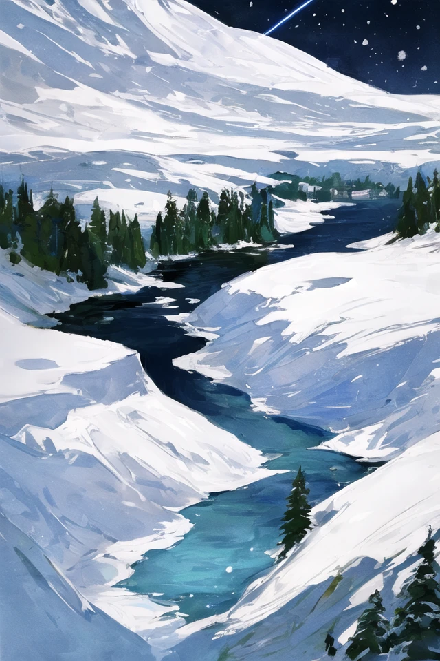 art by Cornflower, dreamy, full body
(masterpiece, the best quality, super fine illustrations, beautiful and delicate water, very delicate light, nature, painting, fine lighting, more transparent stars, high-quality snowflakes, high-quality mountains, very fine 8KCG wallpapers, (plateau), (((snow mountain))), sunrise, randomly distributed clouds, (snow field), cliff, ((rotating star sky)), ((lake in mountain stream)), luminous particles)