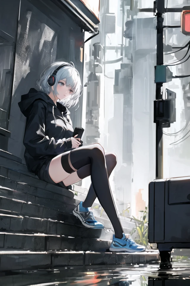 art by Cornflower, dreamy, full body
(cinematic angle,solo focus,full body,close-up,cityscape,detailed background,cyberpunk city,street lamp,road,Bustling city,octane render,solo,messy_hair,short_hair,Silver hair,blue_eyes,sitting,adjusting hair,hoodie,shorts,black_thighhighs,sneakers,neck ribbon,collar,headphone,breasts,small_breasts,cinematiclighting,ray tracing,reflection light,best quality,masterpiece,highres,1girl,A girl is sitting on the stairs,rain,young female,Cyberpunk,cheek-to-cheek,)