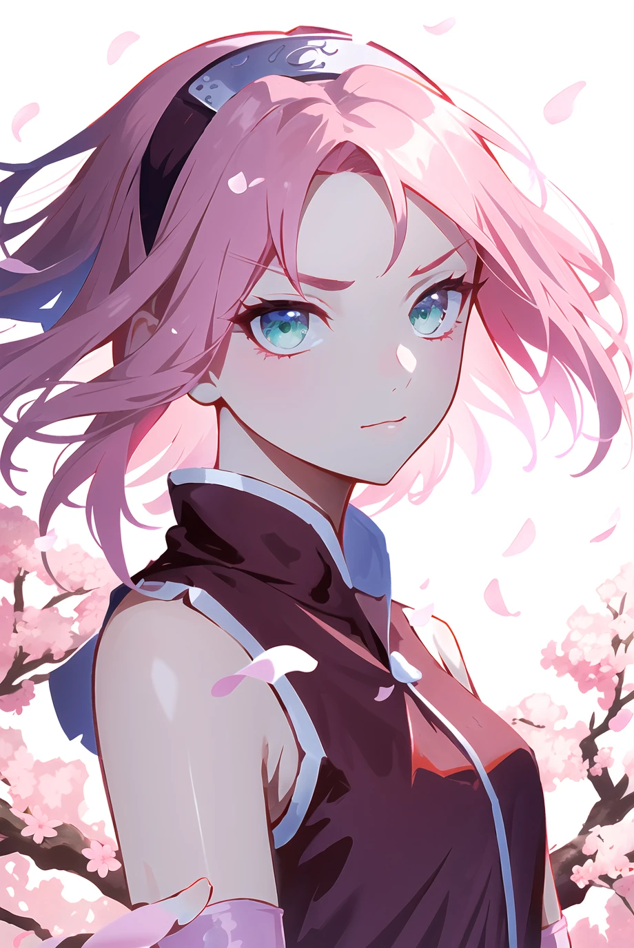 haruno sakura, naruto \(series\), naruto shippuuden, cherry blossoms, detailed background,
1girl, konohagakure symbol, bangs, breasts, closed mouth, elbow sleeve, eyes visible through hair, floating hair, forehead protector, foreshortening, green eyes, hair intakes, hairband, looking at viewer, parted bangs, pink hair, red shirt, shirt, short hair, sleeveless, sleeveless shirt, small breasts, solo, upper body, v-shaped eyebrows, white background, wind, portrait,
, ((masterpiece))
<lora:sakura:0.65>