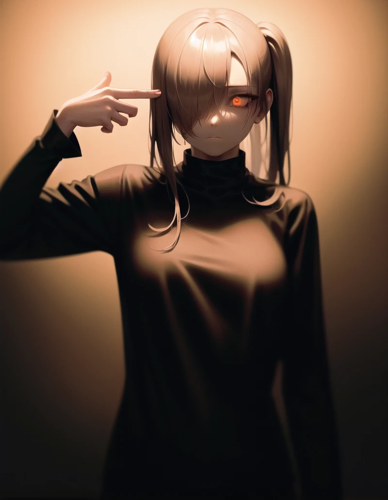 blank faced girl wearing black punk style clothes with finger gun to head, cowboy shot, (expressionless:1.4), Ivory hair, (hair over one eye, two side up:1.3), orange eyes, eyeshadow, glowing eyes, dark background, dark lighting, incredibly absurdres, 8k wallpaper, amazing details