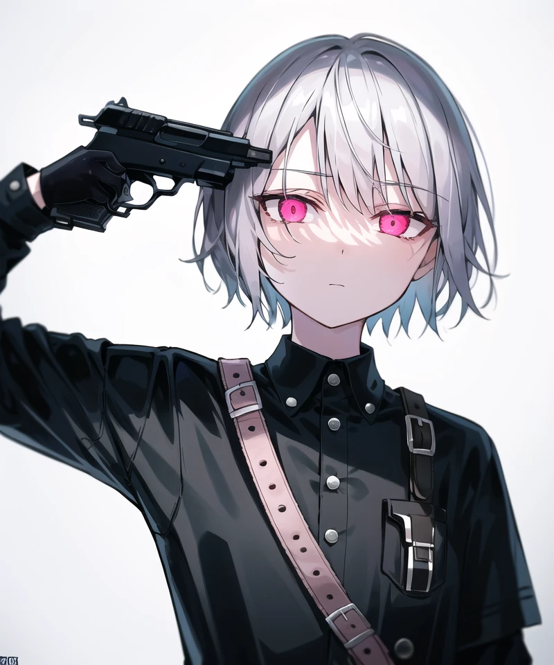 an( expressionless:1.3) girl wearing black punk style clothes with silver holding a gun to her head, her eyes are half closed and empty, upper body, gun to head, holding gun, gun, light pink eyes, glowing eyes, simple background, dark lighting, incredibly absurdres, 8k wallpaper, amazing details