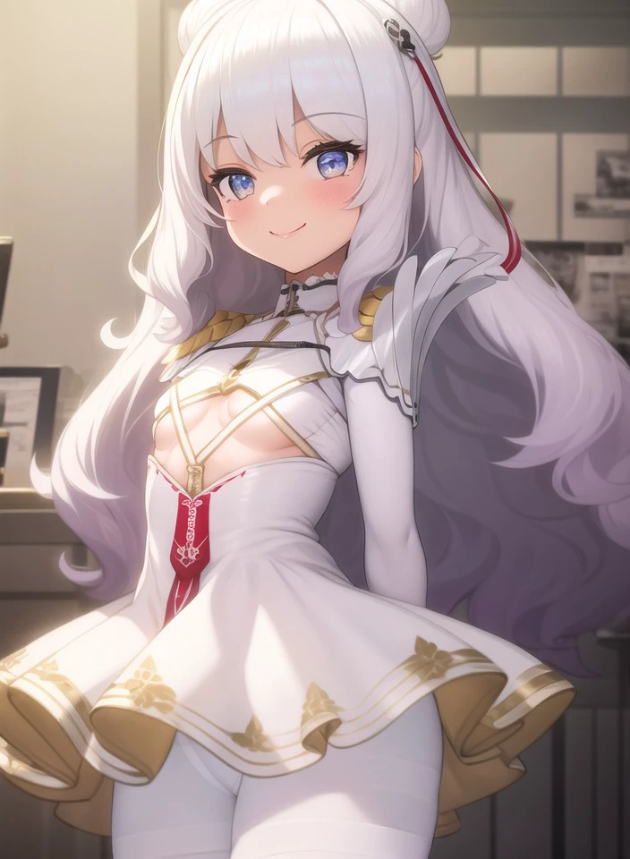 1girl,masterclass,best quality, ultra-detailed, illustration,indoors, smile,small breasts,cowboy shot, double bun, underboob cutout, white dress, white pantyhose, le_malin_(azur_lane), pauldrons, epaulettes, pleated dress ,arms behind back, <lora:LeMalinV5:1>