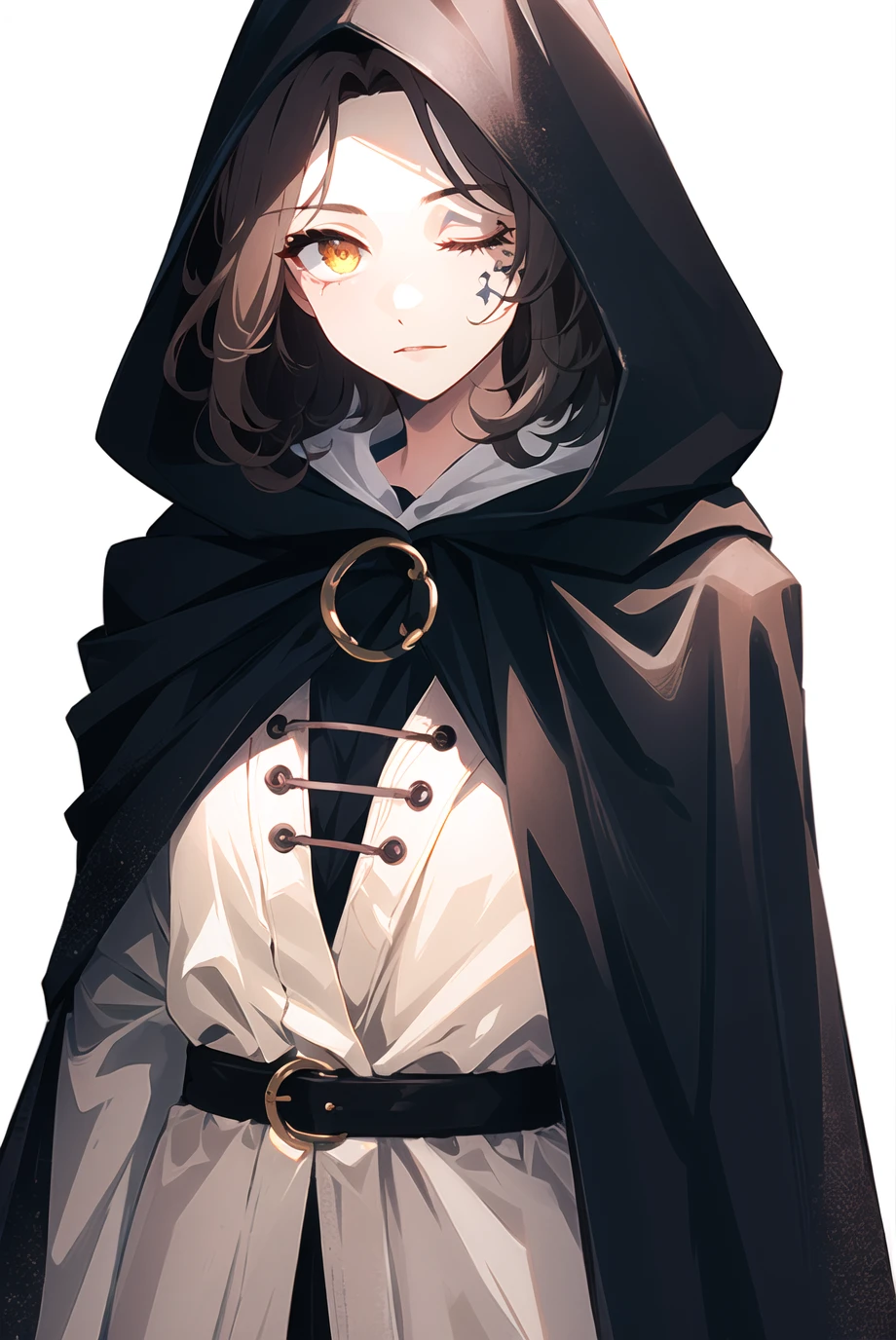 melina \(elden ring\),
1girl, black cloak, (brown hair), cape, cloak, hood, hooded cape, hooded cloak, medium hair, one-eyed, one eye closed, scar, scar across eye, solo, yellow eyes, (pink hair:0.7), facial tattoo
, ((masterpiece))
<lora:melina:0.65>