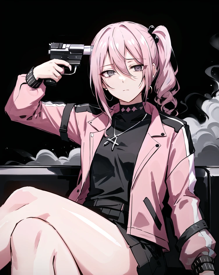 tired apathetic girl wearing black urban style clothes with jacket and jewelry with one gun to head, sitting and crossed legs, (one arm resting:1.4), expressionless, pink hair, (hair intakes, sidecut:1.3), gray eyes, bags under eyes, dark background, dark lighting, wisps of smoke, incredibly absurdres, 8k wallpaper, amazing details