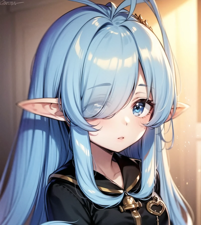 <hypernet:Ke-Ta:0.70>, long hair, elf ears, bangs, hair over one eye, shy, antenna hair, light blue hair, blue eyes, small