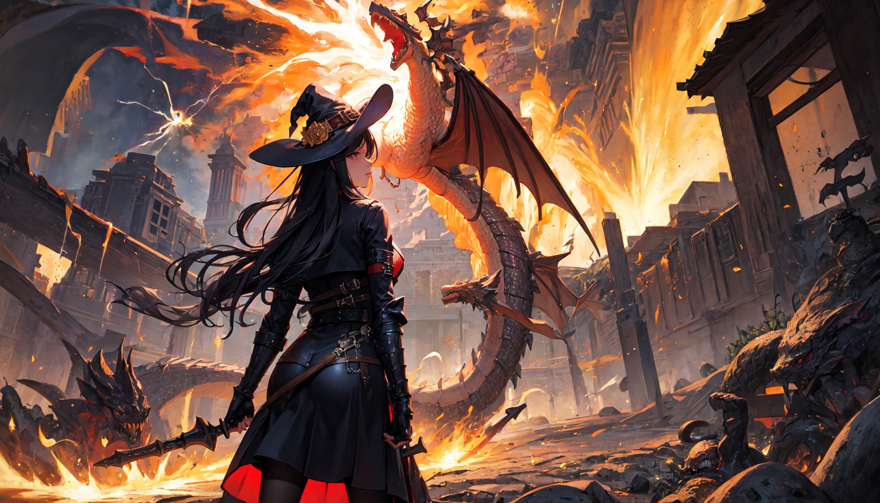 masterpiece,dragon,breathingfire,1girl,cowboyshot,[[[fullbody]]],lookingside,magestaff,magic,leatherarmoreddress,witchhat,explosion,lightning,wind,jewelry,dungeon,hell,