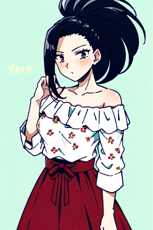 masterpiece, best quality,momo mha, 1girl, yaoyorozu momo, solo, black hair, hair pulled back, looking at viewer, skirt, ponytail, black eyes, simple background, bare shoulders, floral print, collarbone, shirt, blue background, long hair, alternate costume, long sleeves, blush, frills, red skirt, casual, off shoulder
 <lora:momo_mha:0.8>