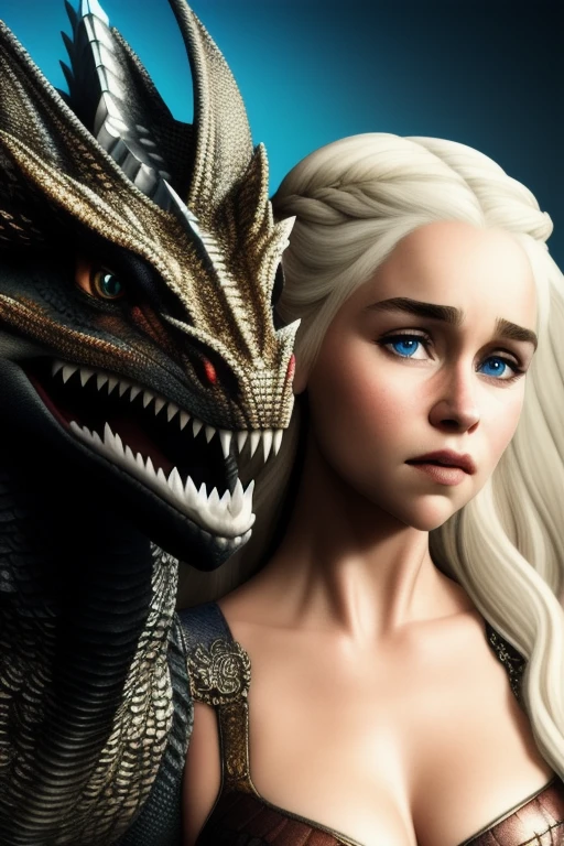 hyper real photo of [daenerys targaryen|Emilia Clarke] with pet (dragon:1.1), beautiful, sexy, 1girl with dragon, blond, close-up, extreme closeup, realistic proportions, realistic pupils, fire breading dragon, limited palette, highres, absurdres, cinematic lighting, 8k resolution, front lit, HDR, sunrise, RAW photo, Nikon 85mm, Award Winning, Glamour Photograph, extremely detailed, beautiful Ukrainian, mind-bending, Noth-Yidik, (blue top:0.6),