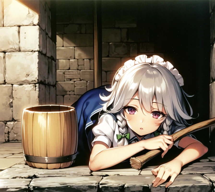 <hypernet:Ke-Ta:0.70>, izayoi sakuya, dungeon, stone wall, bucket, broom, round-bottom flask, solo, 1girl, silver hair, facing viewer,