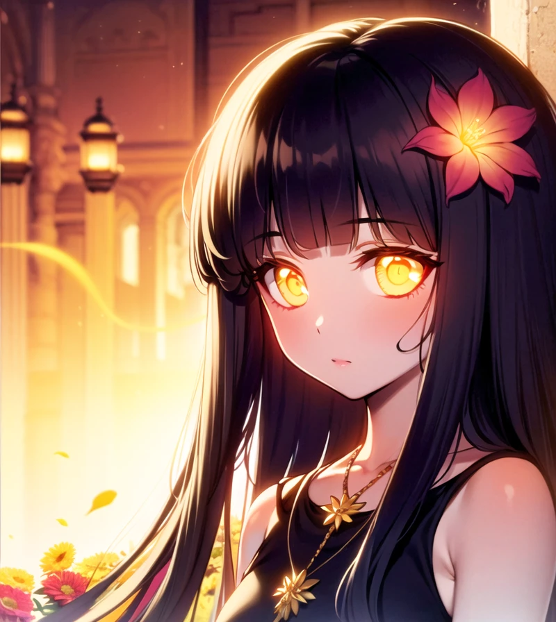 <hypernet:Ke-Ta:0.7>, upper body, park, park bench, yellow eyes, very long hair, black hair, (glowing eyes:1.4), straight bangs, flower pendant,one gold hair flower, skinny, (small:0.8), blunt bangs