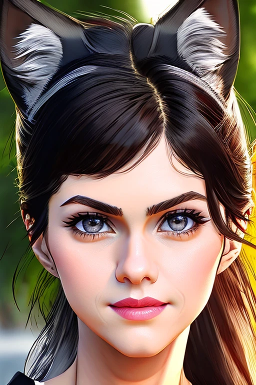 masterpiece, highest_quality, 1girl, ((wolf_ears)), black_hair, short_hair, crop_top, looking at viewers, grin, sun_light, depth_of_field, nature, outdoors, realistic, photo_\(medium\), photorealistic, (ultra-detailed:1.2), detailed_light, HDR, extremely_detailed, High_Detail, Sharp_focus, dramatic, wolf_girl, vertical_pupil, (alexandradaddario:1.2), (beaming smile)