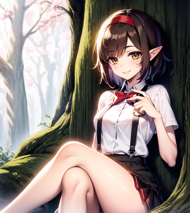 <hypernet:Ke-Ta:0.70>, forest, treestump, white shirt, red bowtie, suspender skirt, legs crossed, finger on lips, smile, (Gena Brown:0.85), (short hair:1.2), brown hair, (red hairband:1.25), small breasts, pointy ears