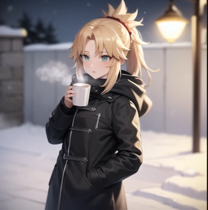 beautiful, masterpiece, best quality, extremely detailed face, perfect lighting, mordred \(fate\), 1girl, solo, ponytail, green eyes, braid,  <lora:MordredV1:1>,coat, winter coat, black coat, pants, lowleg pants, outdoors, winter, snow particles, night, cowboy shot, depth of field, blurry background, holding, holding cup, coffee, steaming, breathing, heavy breathing