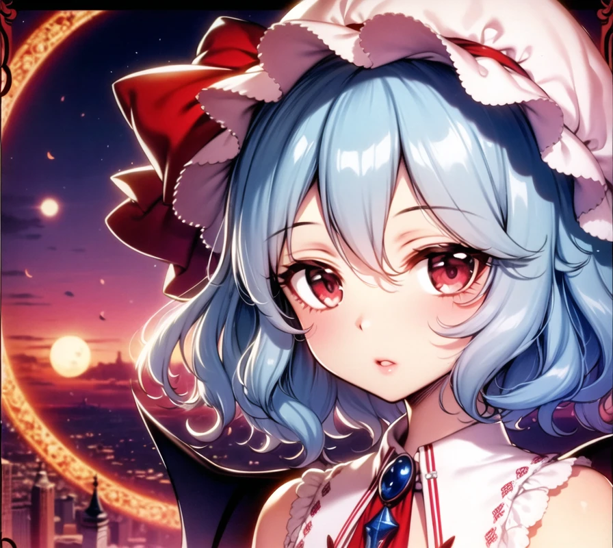 <hypernet:Ke-Ta:0.70>, remilia scarlet, stained glass, red moon, flying, 1girl, female_focus, upper body, red eyes, glowing eye