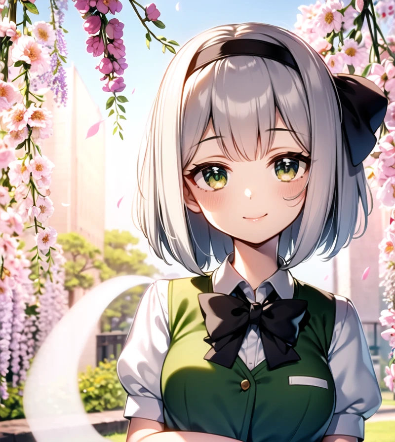 <hypernet:Ke-Ta:0.7>, 1girl, bangs, bare_tree, black_bow, black_bowtie, black_hairband, black_ribbon, blurry, blurry_foreground, blush, bow, bowtie, branch, breasts, cherry_blossoms, collared_shirt, daisy, dango, depth_of_field, eyebrows_visible_through_hair, falling_petals, floral_background, flower, green_vest, hair_ribbon, hairband, hanami, hitodama, holding, holding_flower, konpaku_youmu, konpaku_youmu_\(ghost\), lily_\(flower\), looking_at_viewer, outdoors, petals, pink_flower, plum_blossoms, puffy_short_sleeves, puffy_sleeves, ribbon, shirt, short_hair, short_sleeves, silver_hair, smile, solo, spring_\(season\), tree, upper_body, vest, white_flower, white_shirt, wisteria