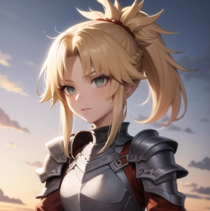 beautiful, masterpiece, best quality, extremely detailed face, perfect lighting, mordred \(fate\), 1girl, solo, ponytail, green eyes, braid,  <lora:MordredV1:1>, armor