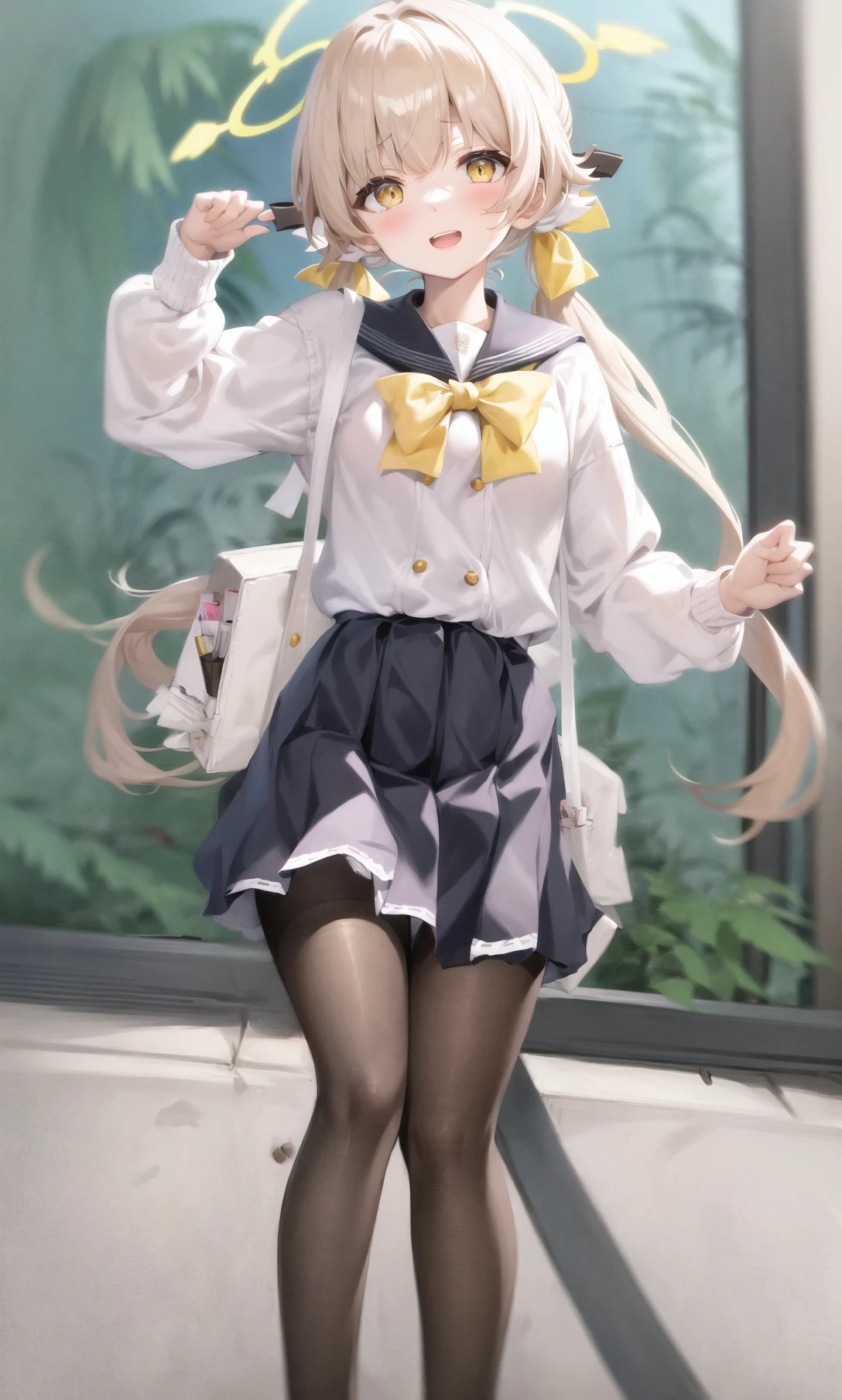 igirl, solo, school uniform,  <lora:BA_AjitaniHifumi_epoch-000003:1.0>,  long_hair, looking_at_viewer, blush, skirt, ribbon, twintails, yellow_eyes,  pantyhose, bag, black_pantyhose, low_twintails, light_brown_hair, halo,