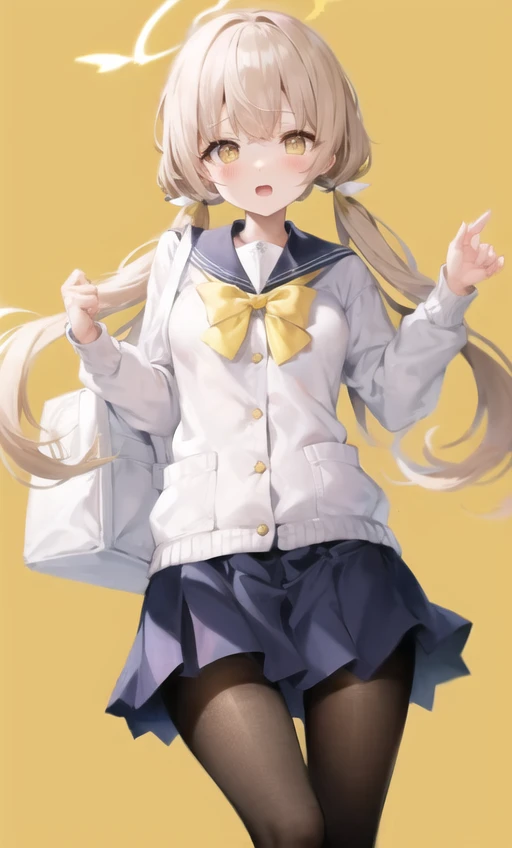 igirl, solo, school uniform,  <lora:BA_AjitaniHifumi_epoch-000003:1.0>,  long_hair, looking_at_viewer, blush, skirt, ribbon, twintails, yellow_eyes,  pantyhose, bag, black_pantyhose, low_twintails, light_brown_hair, halo, yellow_background