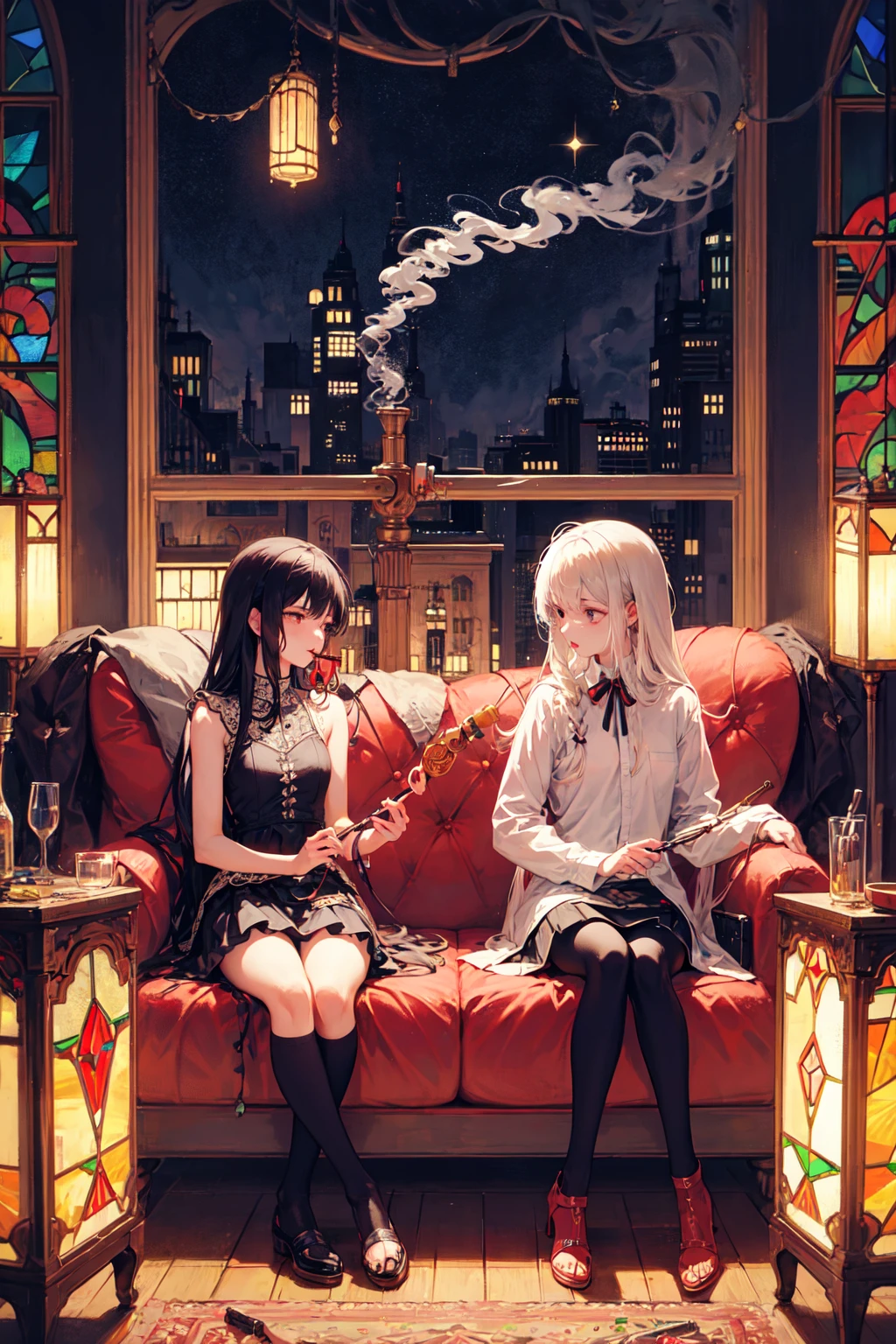 (Hookah:1.2),holding smoking pipe, smoke,flask,girl,a long flexible rubber tube with a smoking pipe,waterpipe smoking,shisha,lethargy,staring into the distance,stained glass,zettai ryouiki, night,