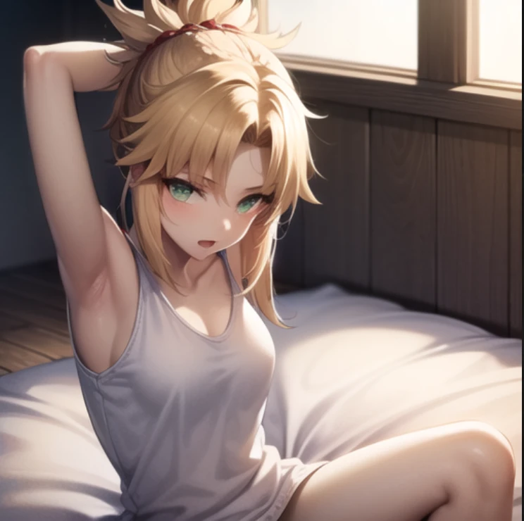 beautiful, masterpiece, best quality, extremely detailed face, perfect lighting, mordred \(fate\), 1girl, solo, ponytail, green eyes, braid,  <lora:MordredV1:1>, sitting, stretching, naked shirt, indoors, bed