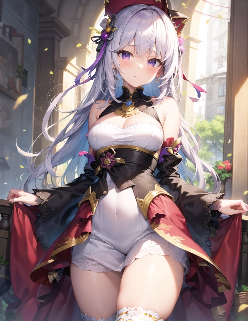 masterpiece, best quality, ilyotaka haruhiko, solo, 1girl, solo, hair between eyes, long hair, short beard, light white purple hair, short hair, medium breasts, looking at viewer, thigh highs