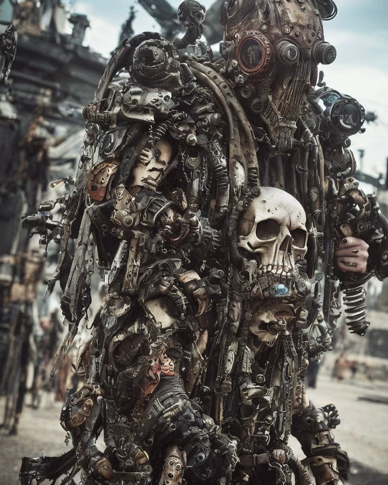 postapocalypse warrior, skull, skeleton, mech, cybertech