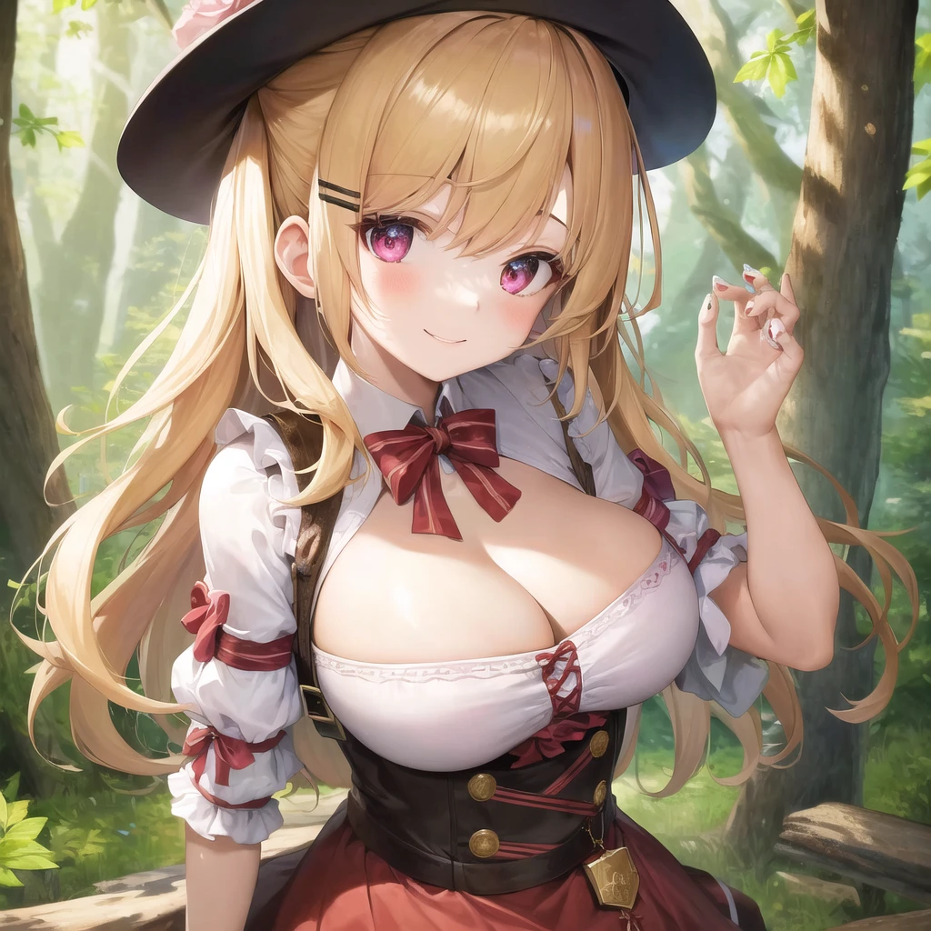 absurdres, 1girl, forest, dress, (smile:0.7),