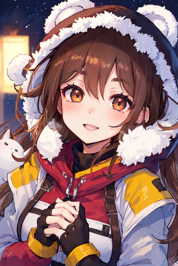 Original Characters, Best Shadows, Deep Depth Of Field, Sharp Focus, Portrait Of Stunningly Beautiful Petite Girl, Soft Delicate Beautiful Attractive Face With Alluring Brown Eyes, Lovely Small Breasts, Sharp Eyeliner, Seductive Smiling, Close Mouth, Windswept Disheveled Brown Hair, Thick Layered Medium Hairstyles, Blush Eyeshadow With Thick Eyelashes, Parted Lips, (Eskimos Tribal Fur-Parka With Fur-hood And Fur-Gloves:1.1), [Glittering Night Sky], (Only One Hope Light In Girl Hands:1.25), (Highest Quality, Amazing Details:1.4), Masterpiece, Bloom, Picturesque, Focus With Light