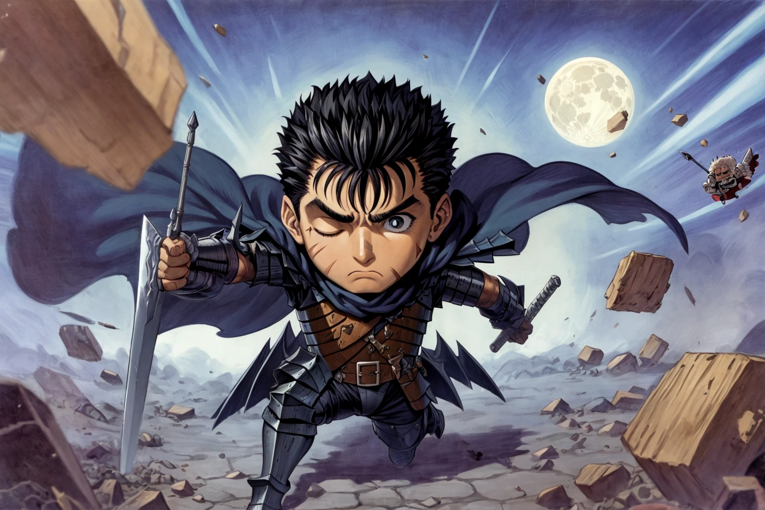 masterpiece, best quality, highly detailed, guts \(berserk\), (chibi:1.3), dynamic angle, from above, running fighting stance, attack battle form, floating debris dust stones winds,armor, one eye closed, scar, bandages, black hair, cape, male focus, manly, holding sword, huge sword, holding, traditional media, weapon, full moon