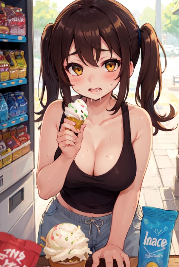 Original Characters, Natural Volumetric Lighting And Best Shadows, Deep Depth Of Field, Sharp Focus, Portrait Of Stunningly Beautiful Petite Girl, Soft Delicate Beautiful Attractive Face With Alluring Yellow Eyes, Sharp Eyeliner, Lovely Medium Small Breasts, Looking At Other, (Open Mouth Eating Ice Cream:1.2), Windswept Disheveled Brown Hair, Thick Layered Medium Twintail Hairstyles, Blush Eyeshadow With Thick Eyelashes, Parted Lips, Sun Tanning Brown Skin, Sweat Wet, (See-Through Tank Top:1.05), Slim Waist With Open Cute Navel, Amazing Cleavage, Straps Short Pants, (Crouch Down, Summer Sweltering:1.1), (Front Of Rustic Small Snack Shop Under Sunlight, Side Vending Machine:1.15), (Highest Quality, Amazing Details:1.4), Masterpiece, Bloom, Picturesque, Vivid Watercolor Paintings
