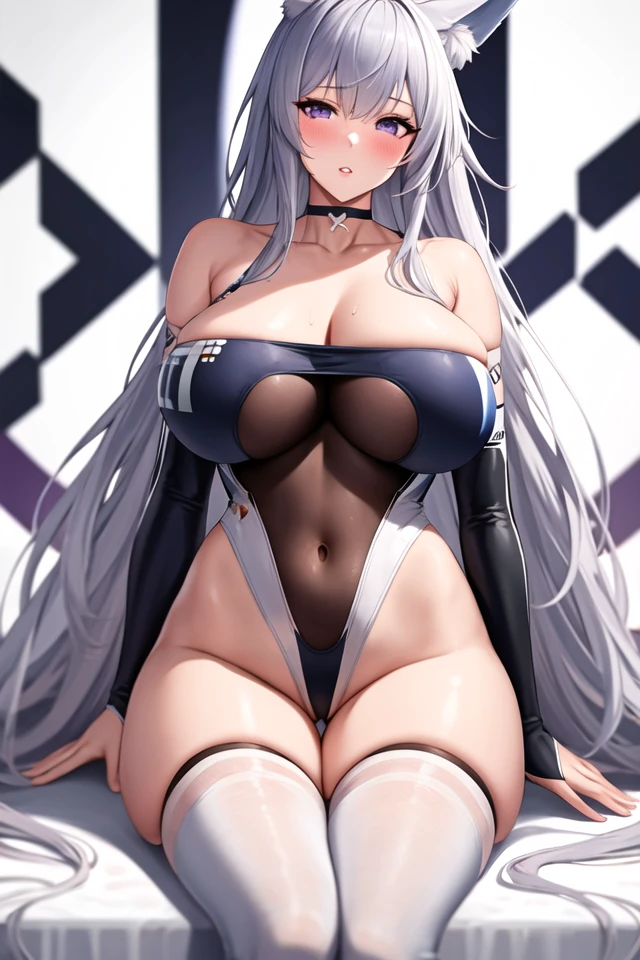 1girl, animal ear fluff, animal ears, ass visible through thighs, bangs, bare shoulders, black thighhighs, blush, breasts, bridal gauntlets, choker, cleavage, collarbone, covered navel, fox ears, fox girl, grey hair, highleg, highleg leotard, huge breasts, leotard, long hair, looking at viewer, official alternate costume, parted lips, purple eyes, race queen, see-through, shinano \(azur lane\), sitting, skirt, solo, thick thighs, thigh gap, thighhighs, thighs, very long hair, wet, white background, white hair, white leotard,(masterpiece:1.4),(best quality:1.4),(shiny skin),realistic