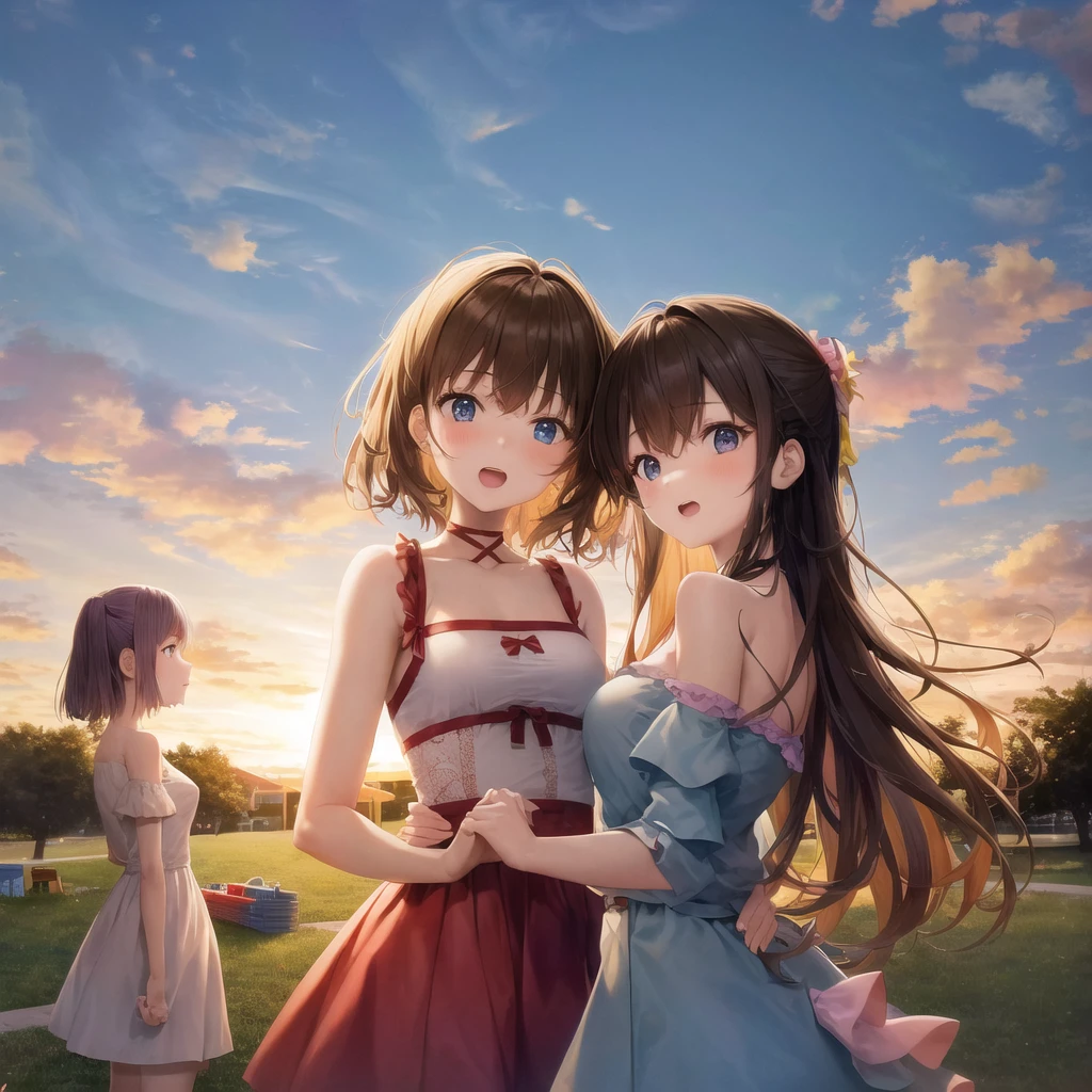 absurdres, 3girl, sunset, playing,
