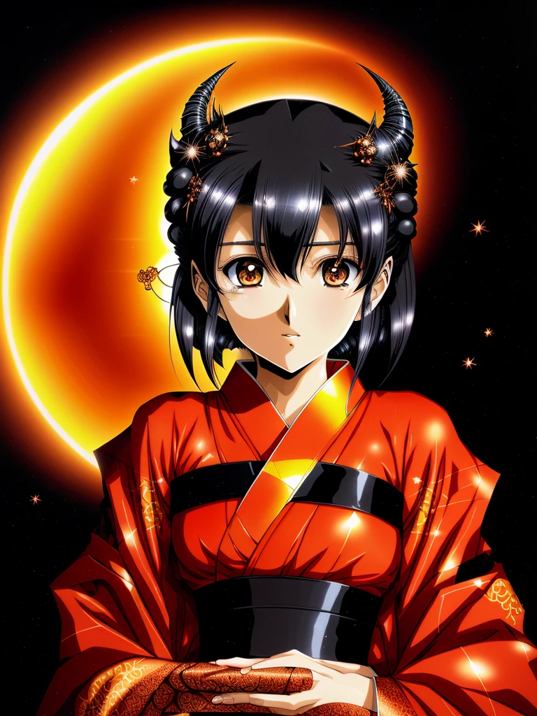 <lora:urushisato_v7:1.0> (urushisato:1.0),
dynamic pose, painting, best quality, masterpiece, 1girl, elaborate yukata, devil-hunter woman summoning eclipse, black showa-era hair, dark background, ritual, ryokan