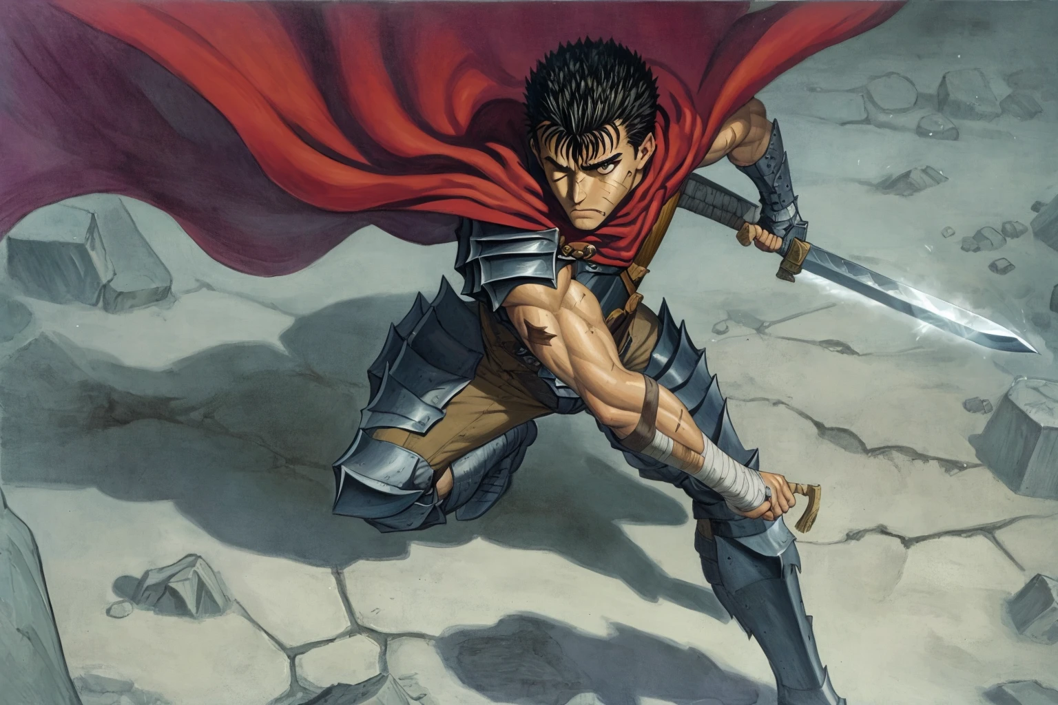 masterpiece, best quality, highly detailed, guts \(berserk\), 1boy, solo, dynamic angle, from above, running fighting stance, attack battle form, floating debris dust stones winds,armor, one eye closed, scar, bandages, black hair, cape, male focus, manly, holding sword, huge sword, holding, traditional media, weapon, full moon
