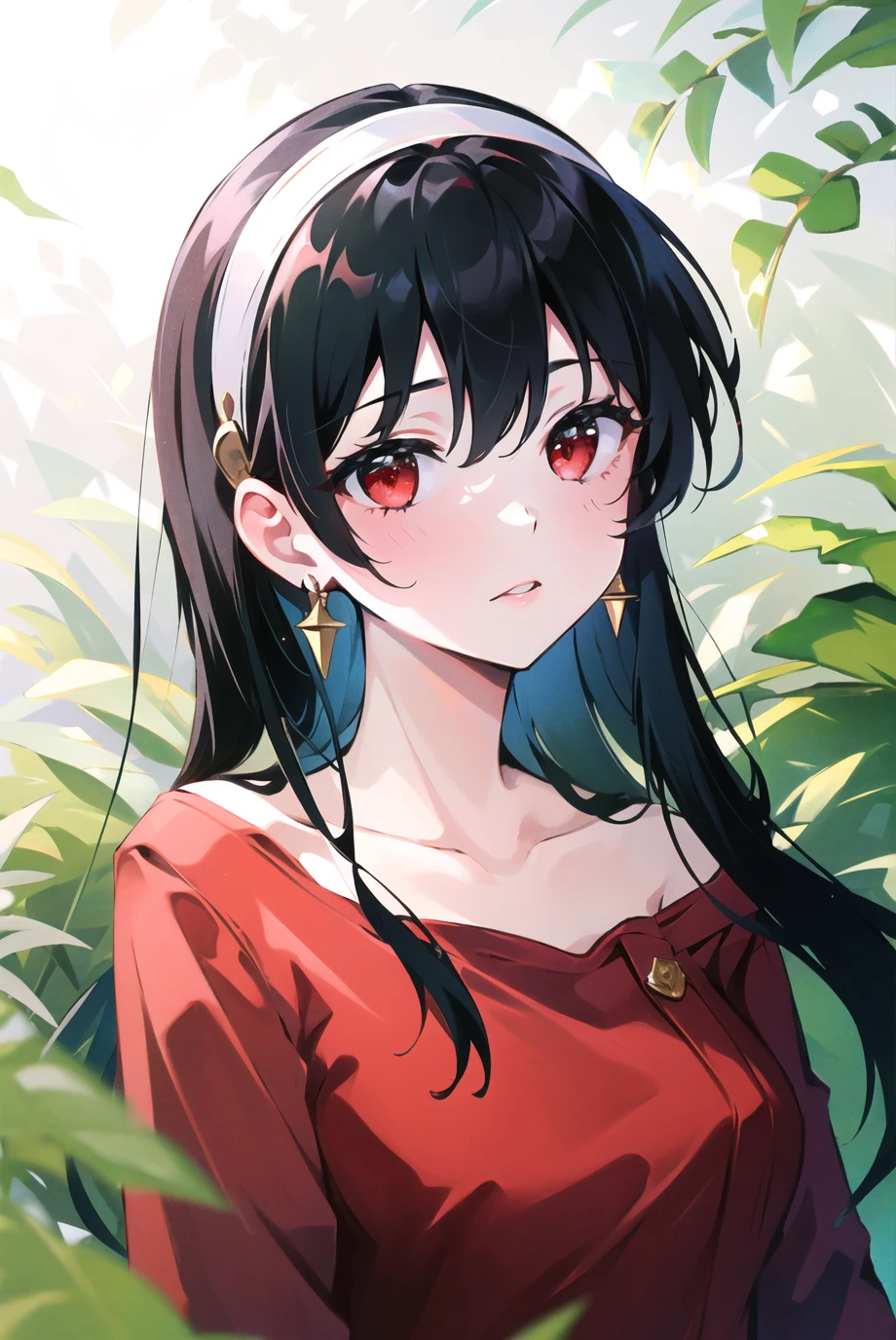 yor briar,

1girl, bangs, black hair, collarbone, earrings, hairband, jewelry, leaf, long hair, long sleeves, off-shoulder shirt, off shoulder, red eyes, red shirt, shirt, solo, upper body, white hairband

, ((masterpiece))

<lora:yor-000042:0.7>