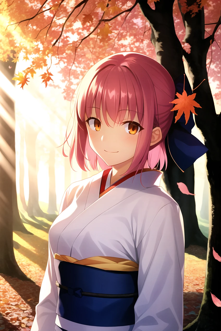 takeuchi takashi,
tsukihime,
kohaku \(tsukihime\),
1girl, bangs, blue bow, blurry, blurry background, bow, breasts, brown kimono, closed mouth, dappled sunlight, day, falling leaves, forest, hair bow, half updo, head tilt, japanese clothes, kimono, leaf, leaning back, leaning on object, long sleeves, looking at viewer, medium breasts, nature, obi, obiage, obijime, orange eyes, outdoors, pink hair, sash, short hair, sidelocks, smile, solo, standing, sunlight, tree, tree bark, tree shade, upper body
, ((masterpiece))
<lora:takeuchi_takashi:0.6>