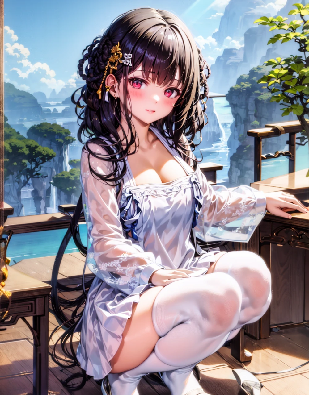 masterpiece,1girl,solo,black hair,white dress,cleavage, white thighhighs,squatting, <lora:yetsanRuskirt-000006:1>