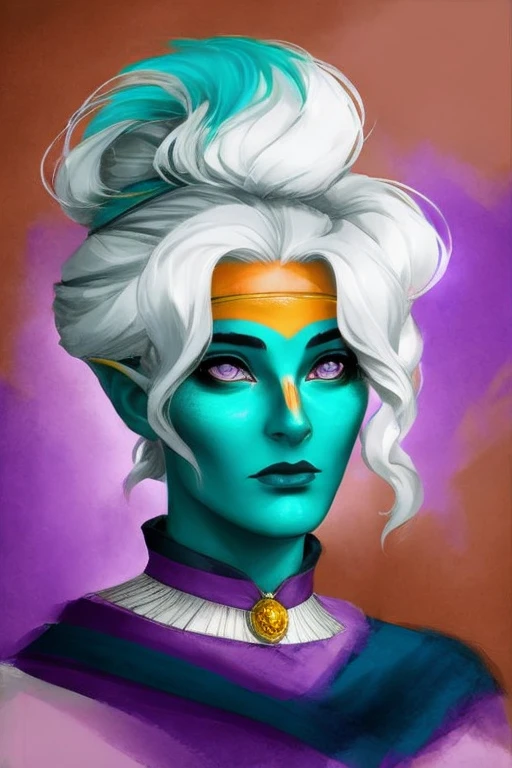(pastel colors), close up portrait yellow kinned  tiefling warlock, old man, chiseled, sharp features, [digital 2D illustration], (strong shading), hard shadows, elegant, wearing rustic sarong, style of by (saga comic) and Lois van Baarle and Magali Villeneuve and charlie bowater and Sui Ishida, messy, disheveled, thick brushwork, detailed face and eyes, concept art, teal, purple, gold