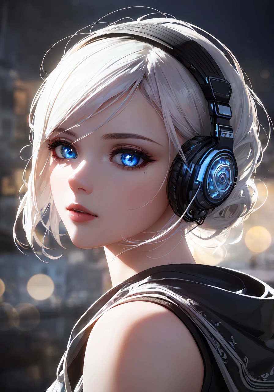 (masterpiece, sidelighting, finely detailed beautiful eyes: 1.2), (on the moon, space, looking back into earth), white hair, black tank top, volumetric lighting, white jacket, glowing headphone, cyberpunk, futuristic, multi-color eyes, detailed eyes, hyper detailed,light smile, highly detailed, beautiful, small details, ultra detailed, best quality, intricate, hyperrealism, sharp, digital illustration, detailed, realism, intricate, 4k, 8k, trending on artstation, good anatomy, beautiful lighting, award-winning, photorealistic, realistic shadows, realistic lighting, beautiful lighting, raytracing, intricate details, moody, rule of thirds, masterpiece, (illustration:1.1), highres, (extremely detailed CG, unity, 8k wallpaper:1.1), beautiful face, highly detailed face, ultra realistic, masterpiece, bokeh, extremely detailed, intricate, zoomout, colorful, vibrant colors, red nail polish, side view,
