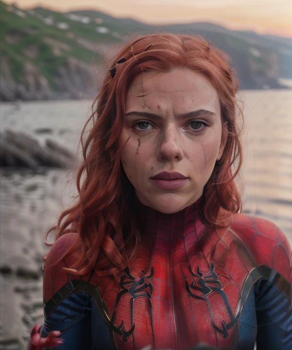 photo of scarlett, woman, highres, masterpiece, 1girl, solo, best quality, realistic, outdoors, looking at viewer, perspective shot, ((Spiderman cosplay)), sweat, petite, navel, (red hair), smirk, aroused, 4K, HDR. by (James C. Christensen:1.2|Jeremy Lipking:1.1).