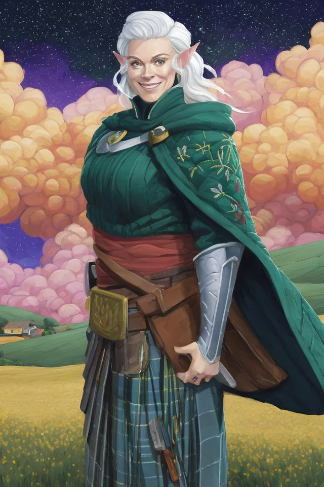 modelshoot style digital illustration medium shot of an [older woman] elf wearing a long patterned (kilt) and breastplate, wearing an (embroidered) traveling quilted cloak, with white hair, art by  tony sart, wlop and rossdraws and Magali Villeneuve, sharp focus, intricate background of an irish countryside, hills, farmland, farm building, trees, trending on artstation, trending on cgsociety, rustic, fine art, vivid colors, detailed face and eyes [Brenda Fricker | Katie McGrath | Saoirse Ronan], [flowers and lavender and herbs in belt], [chubby, wrinkled], [cape], stars, galaxies, nebula, golden clasp, runic symbols, stone tablet,
