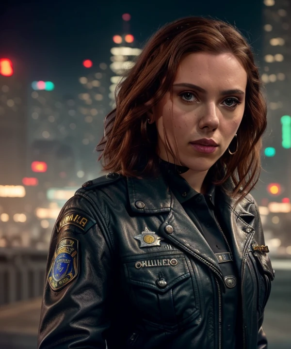 Portrait of scarlett as a beautiful female model, georgia fowler, beautiful face, with short dark brown hair, in cyberpunk city at night. She is wearing a leather jacket, black jeans, dramatic lighting, (police badge:1.2)