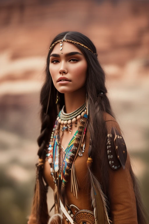 <lora:OpenJourney-LORA:1>| portrait photograph of Madison Beer as Pocahontas| young beautiful native american woman| perfect symmetrical face| feather jewelry| traditional handmade dress| armed female hunter warrior| (((wild west))) environment| Utah landscape| ultra realistic| concept art| elegant| ((intricate))| ((highly detailed))| depth of field| ((professionally color graded))| 8k