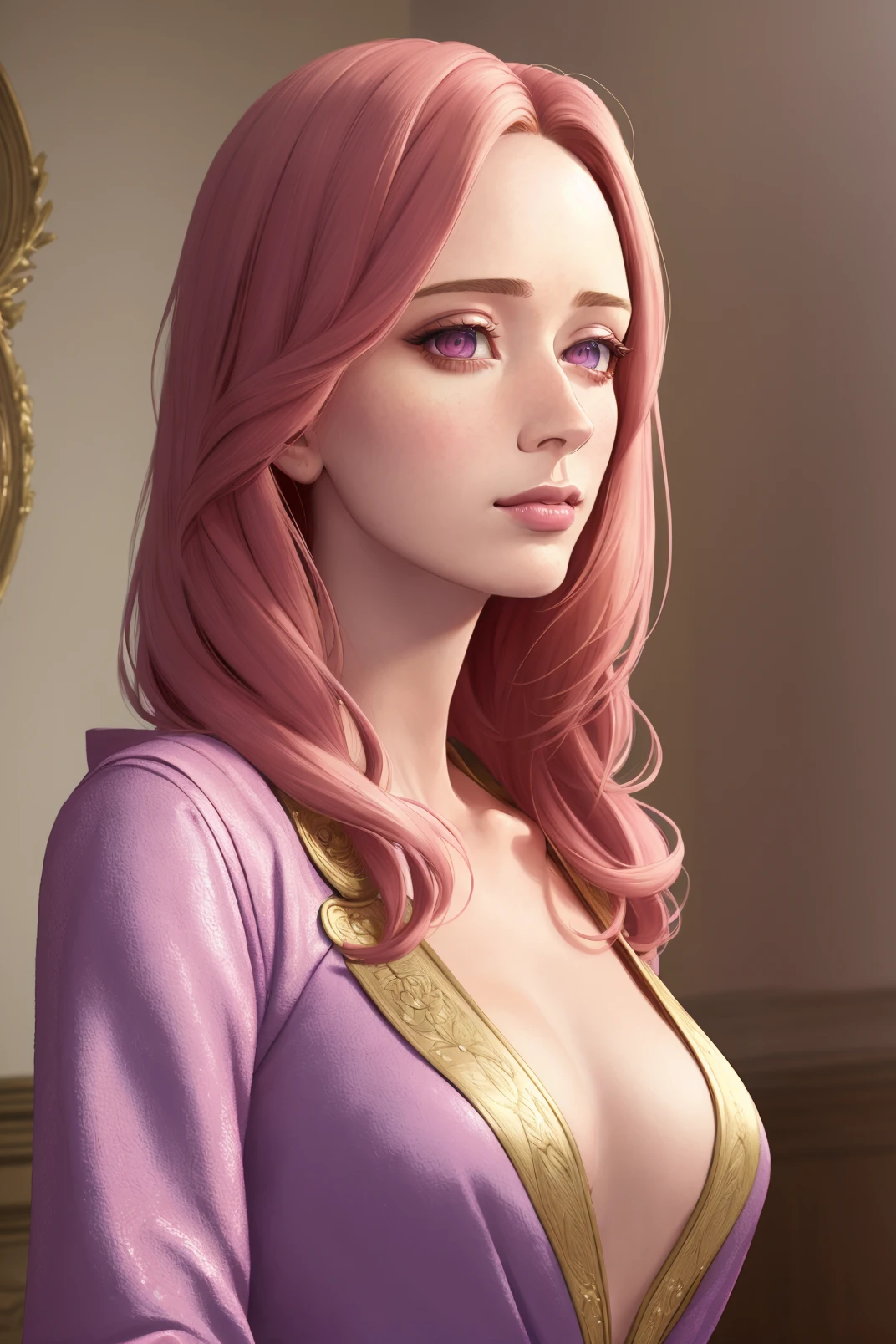 Emily Blunt, 1girl, solo, standard-bearer, split-color hair, pink eyes, detailed face, 

masterpiece, professional, high quality, beautiful, amazing, Antique lithograph, ConceptArtWorld, Bathrobe,

photoshoot, 4k, realistic, detailed background, conscious,