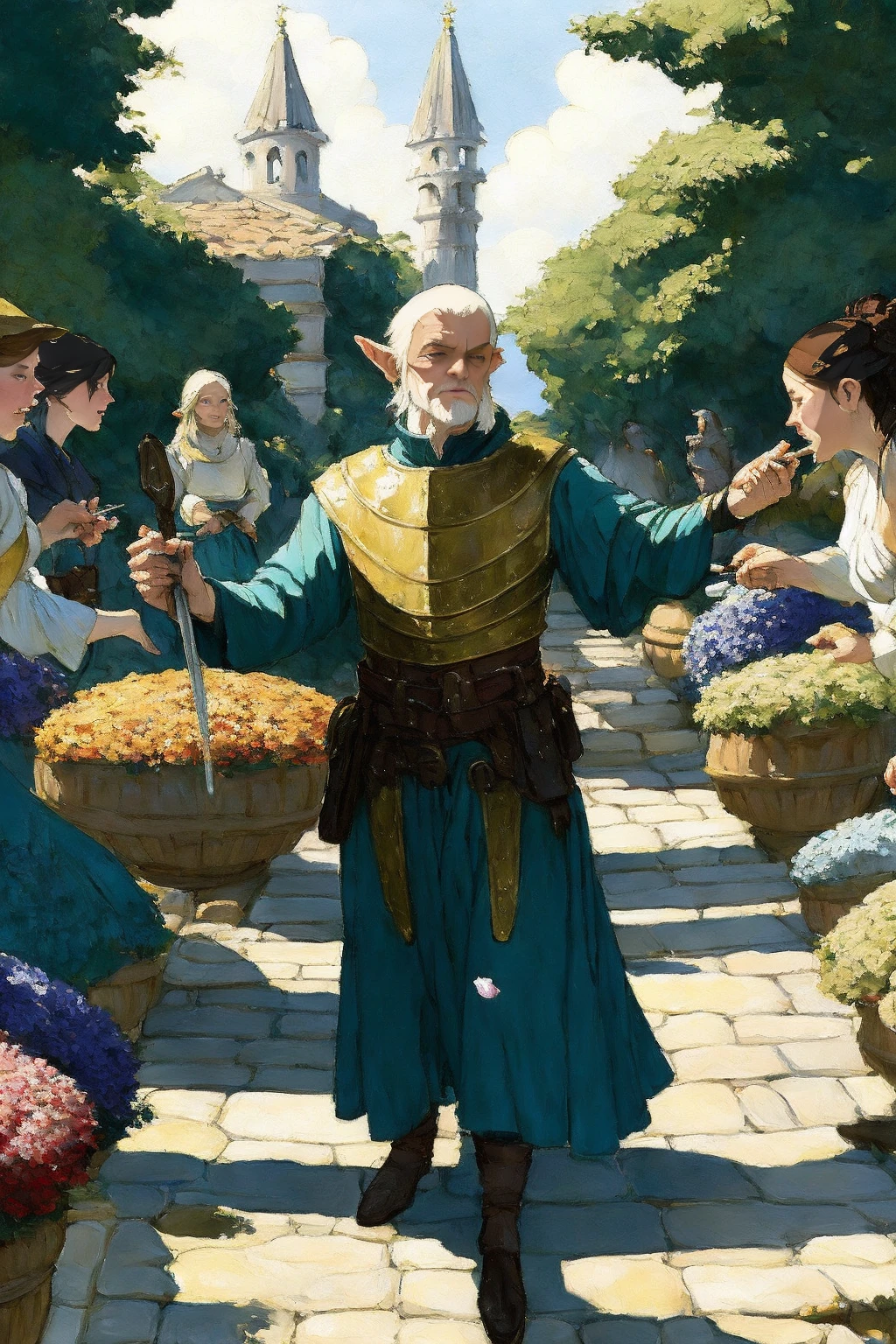 modelshoot style, (extremely detailed CG unity 8k wallpaper), full shot body photo of the most beautiful artwork in the world, english medieval (gnome) witch, black silk robe, nature magic, medieval era, painting by Loish, Atey Ghailan, Studio Ghibli, Iris Compiet, trending on ArtStation, trending on CGSociety, Intricate, High Detail, Sharp focus, dramatic, painting art by asher durand and greg rutkowski, teal and gold, petals, greek countryside, mediterranean, terracotta, mycenae, Norman Rockwell, action pose, casting a spell, green swirling magic