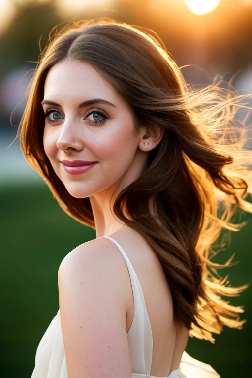 portrait photo of alisonbrie, masterpiece, wearing white flowing dress while walking along the shoreline, smiling, sexy sensual look and pose, flowers in her hair, National Gallery of Art Highlights, sunset, staring at the viewer, antview, bokeh, closeup, highly detailed, 8K, stunning, hdr, subsurface scattering, global illumination, film still, Film-like, bokeh, 3d, vivid color/golden hour/raytraced/warm colors