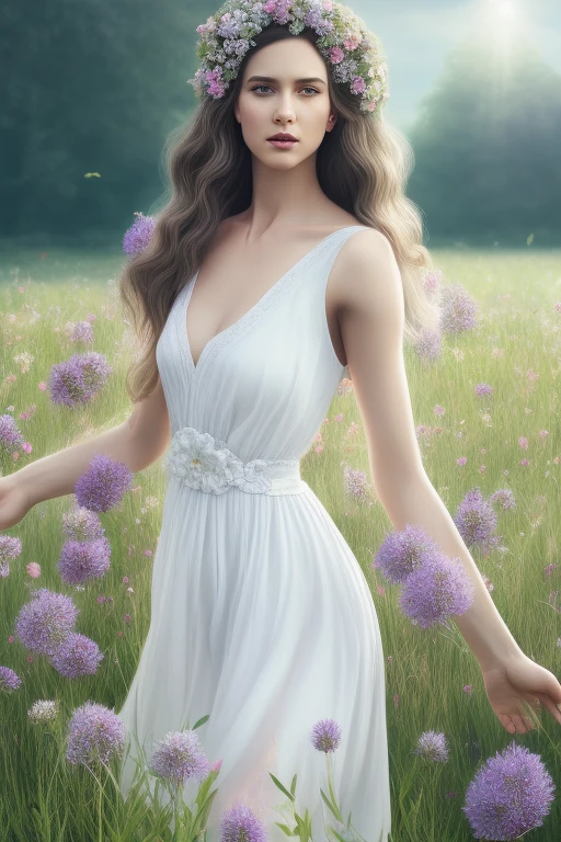 <lora:OpenJourney-LORA:1>| hyperrealistic full length portrait of gorgeous goddess | standing in field full of flowers | detailed gorgeous face | full body | white sundress| god rays | intricate | elegant | realistic | hyperrealistic | cinematic | character design | concept art | highly detailed | illustration | digital art | digital painting | depth of field